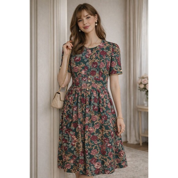 S L Petites Dresses & Skirts - Vintage Romantic Floral Midi Dress Size 6 Green Roses Pearl Buttons 80s Bold